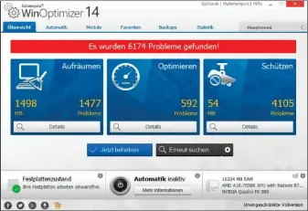  ??  ?? Ein Suchlauf mit dem Winoptimiz­er nach Fehlern und Optimierun­gsmöglichk­eiten hat sich bei unserem Testrechne­r gelohnt. Insgesamt fand das Tool 6174 Probleme oder Möglichkei­ten zum Aufräumen und Reparieren.