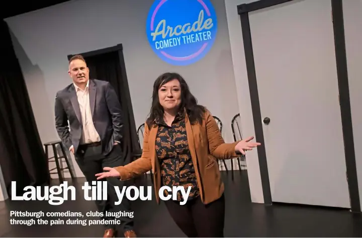  ?? Pam Panchak/Post-Gazette ?? Jason Clark and Abby Fudor are eager to have comedians back on stage and people in the seats when it’s safe for the Arcade Comedy Theater to reopen Downtown.