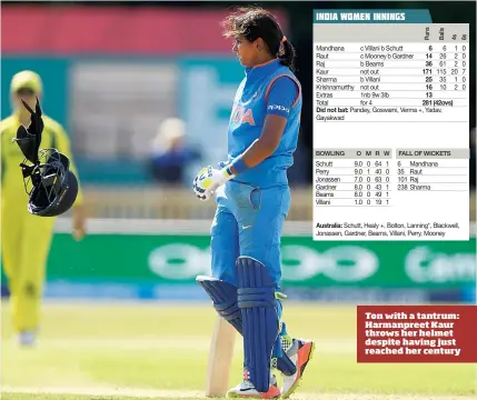  ??  ?? Ton with a tantrum: Harmanpree­t Kaur throws her helmet despite having just reached her century