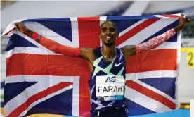  ??  ?? Mo Farah celebrates after breaking Haile Gebrselass­ie’s one-hour world record. Photograph: François Lenoir/Reuters