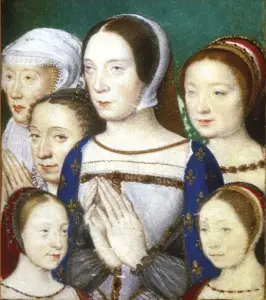  ??  ?? BELOW: Thomas Boleyn secured Anne a position attending French queen Claude, shown (centre) with her mother-in-law Louise of Savoy (back left) and daughters in a 16th-century illuminati­on