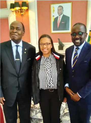  ??  ?? PROUDLY ZIMBABWEAN . . . Stephanie Travers (centre) paid a courtesy call on the Zimbabwe Ambassador to the United Kingdom and Northern Ireland, Christian Katsande (left), at Zimbabwe House in London, last year , in the company of Zim Achievers Awards chief executive, Conrad Mwanza, after she was honoured with the Y oung Achiever of the Year award