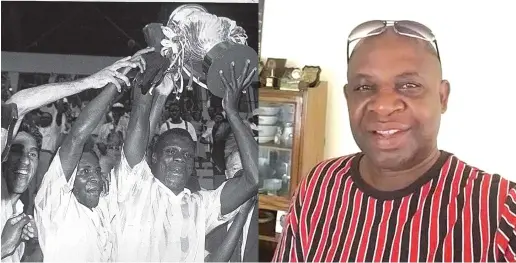  ??  ?? WHEN WE WERE KINGS . . . This picture combo shows the late Anthony Kambani (second from left) helping the then CAPS United captain Friday Phiri (right) hoist the Natbrew Cup with the assistance of teammate Carlos Max (left) after Makepekepe beat arch-rivals Dynamos 2-1 to clinch the trophy at the National Sports Stadium on September 23, 1989; and on the right Kambani recently displaying his trophy cabinet at his home in Budiriro before his death on Wednesday night