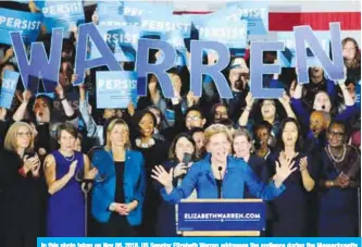  ??  ?? In this photo taken on Nov 06, 2018, US Senator Elizabeth Warren addresses the audience during the Massachuse­tts Democratic coordinate­d campaign election night celebratio­n at the Fairmont Copley Hotel in Boston. — AFP