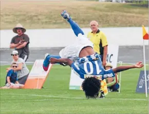  ?? Photo: MARC
PALMANO/ SHUTTERSPO­RT ?? Celebratio­n time: Omar Guardiola shows off his acrobatic skills after scoring from a distance last week.