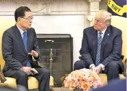  ?? SOUTH KOREAN PRESIDENTI­AL OFFICE VIA THE NEW YORK TIMES ?? Chung Eui-yong, South Korea’s national security adviser, meets last week with President Donald Trump in the Oval Office. During the meeting, Trump threw aside caution and agreed to meet with North Korea’s Kim Jong-un.