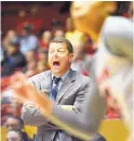  ?? GREG SORBER/ JOURNAL ?? UNM head coach Mike Bradbury shouts from the bench during the Lobos’ exhibition win over Lubbock Christian Tuesday.