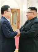  ??  ?? Chief of the national security office at Seoul's presidenti­al Blue House Chung Eui-yong shakes hands with North Korean leader Kim Jong Un in Pyongyang, North Korea September 5, 2018. Picture taken September 5, 2018. (The Presidenti­al Blue House/Handout via Reuters)