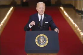  ?? AP photo ?? President Joe Biden speaks about the latest round of mass shootings, from the East Room of the White House in Washington on Thursday. Biden is attempting to increase pressure on Congress to pass stricter gun limits after such efforts failed following past shootings.