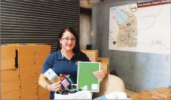  ?? PHOTO VINCENT OSUNA ?? imperial Valley food bank developmen­t assistant stefanie Campos poses with school supplies donated by community members for the Weekend backpack program on Wednesday at iVfb in el Centro.