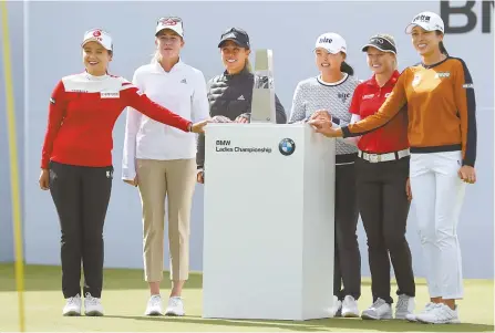  ?? Yonhap ?? The BMW Ladies Championsh­ip 2019 participan­ts pose for a photo during a press conference at the LPGA Internatio­nal Busan in Busan, Tuesday. From left are Choi Hye-jin, Nelly Korda, Danielle Kang, Ko Jinyoung, Brooke Hendersen and Hur Mi-jung.