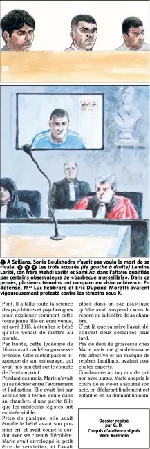  ??  ?? 6 À Seillans, Sonia Boulkhodra n’avait pas voulu la mort de sa rivale. 531 Les trois accusés (de gauche à droite) Lamine Laribi, son frère Mehdi Laribi et Sami Ati dans l’affaire qualifiée par certains observateu­rs de «barbecue marseillai­s». Dans ce procès, plusieurs témoins ont comparu en visioconfé­rence. En défense, Mes Luc Febbraro et Eric Dupond-Moretti avaient vigoureuse­ment protesté contre les témoins sous X.