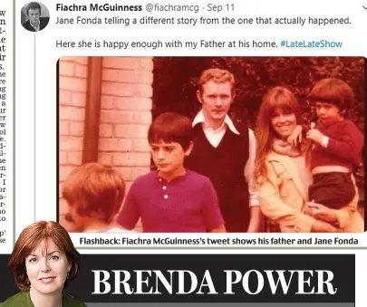  ??  ?? Flashback: Fiachra McGuinness’s tweet shows his father and Jane Fonda