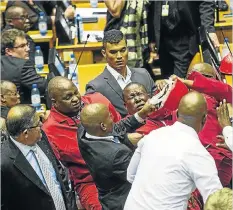  ?? Picture: DAVID HARRISON ?? DISORDER: EFF members are ejected from parliament after interrupti­ng President Zuma’s state of the nation speech last year