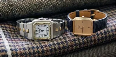  ??  ?? TWO TIMEPIECES THAT REPRESENT MY PERSONAL STYLE
RIGHT ANGLES
Cartier Santos Galbee in steel and yellow gold, and Patek Philippe Gondolo in yellow gold.