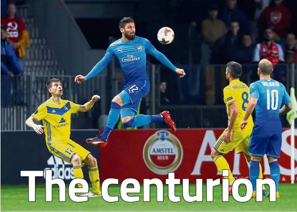  ??  ?? Different level: Arsenal’s Olivier Giroud in action against Bate Borisov in the Europa League on Thursday. — Reuters
