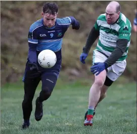  ?? Photo: Joe Byrne ?? An Tochar’s Conor Davis goes past Kieran Whelan of Ballymanus during the opening game of the SFL Division 2 in Askinagap last Saturday afternoon.