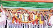  ?? HT PHOTO ?? Chief minister Pushkar Singh Dhami, BJP state chief Mahendra Bhatt address a public gathering in US Nagar in support of party Nainital-Udham Singh Nagar candidate Ajay Bhatt.