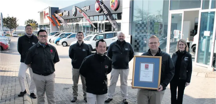  ??  ?? The Honda/Suzuki/FCA team from left to right: Henry Schofield - parts manager; Wiaan Pretorius - Honda and Suzuki manager; Niel vd Bergh - FCA manager; Hennie Snyman - motorcycle manager; Eric Strydom - workshop manager; Colin Nell - dealer principal and Natasha Steyn - F&I manager.