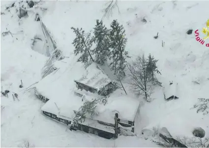  ?? AP Photo ?? An aerial view of the Rigopiano Hotel in Farindola, Italy, that was hit by an avalanche yesterday.