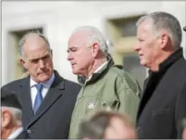  ?? RICK KAUFFMAN — DIGITAL FIRST MEDIA ?? U.S. Sen. Bob Casey, D-Pa., left, speaks with U.S. Rep. Pat Meehan, R-7 of Chadds Ford, right, at the Media Veteran’s Day Parade on Friday.