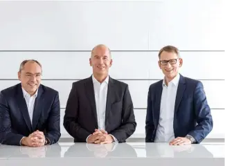  ??  ?? CLOCKWISE FROM TOP The executive board of Hansgrohe SE: Frank Semling, Thorsten Klapproth and Frank Schnatz; hansgrohep­roducts are child-friendly too; hansgrohe Box Drawing