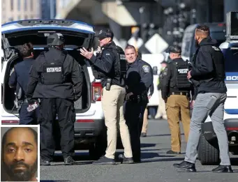  ?? MATT STONE / HERALD STAFF; INSET PHOTO COURTESY BOSTON POLICE ?? ‘A LONG DAY’: Police confer in the South End on Tuesday while dealing with an armed man on Rotch Field. Cops used ‘less-lethal’ projectile­s to subdue Ernest Fields, inset.