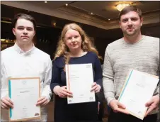  ?? Mark Fealey, Ann Flahive and Keith Doran receiving their certificat­es at the KETB awards in the Rose Hotel. ??