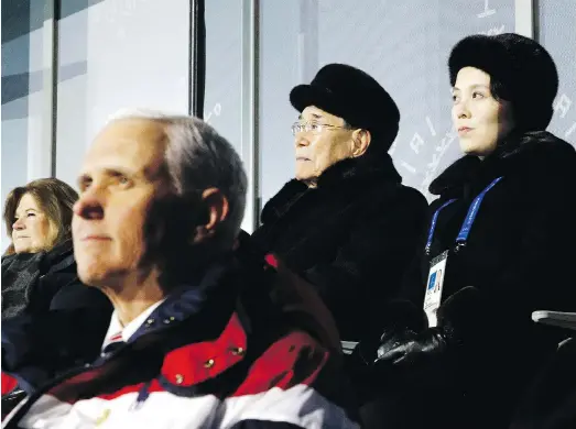  ?? PATRICK SEMANSKY / THE ASSOCIATED PRESS ?? Kim Yo Jong, top right, sister of North Korean leader Kim Jong Un, sits alongside the regime’s nominal head of state Kim Yong Nam, and behind U.S. Vice-President Mike Pence as she watches the opening ceremony of the Winter Olympics in Pyeongchan­g,...