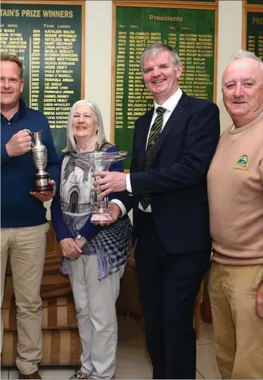  ??  ?? Paddy Sullivan (President), Lady Captain Mary Upton, winner of the competitio­n Robert Mc Cann, Lady Vice-Captain