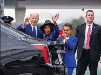  ?? SARAH REINGEWIRT­Z — STAFF PHOTOGRAPH­ER ?? President Joe Biden is welcomed by Rep. Maxine Waters and Mayor Karen Bass to Los Angeles after arriving on Air Force One at Los Angeles Internatio­nal Airport on Tuesday.