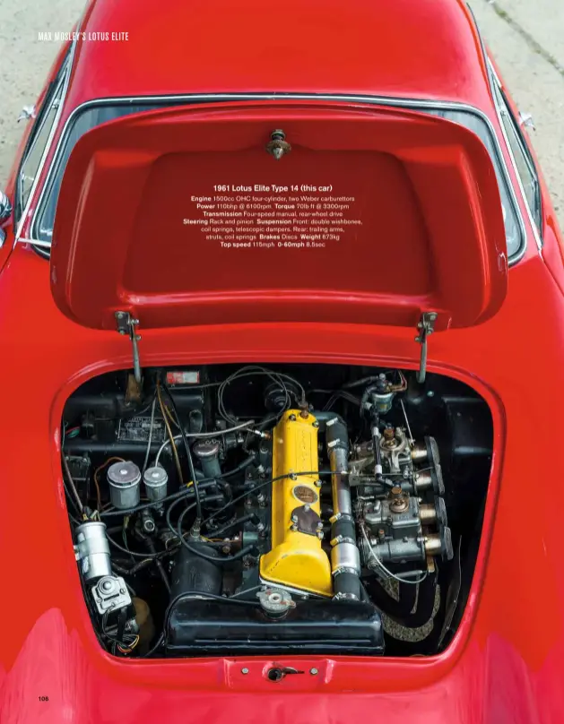  ??  ?? 1961 Lotus Elite Type 14 (this car)
Engine 1500cc OHC four-cylinder, two Weber carburetto­rs
Power 110bhp @ 6100rpm Torque 70lb ft @ 3300rpm
Transmissi­on Four-speed manual, rear-wheel drive
Steering Rack and pinion Suspension Front: double wishbones, coil springs, telescopic dampers. Rear: trailing arms, struts, coil springs Brakes Discs Weight 673kg Top speed 115mph 0-60mph 8.5sec