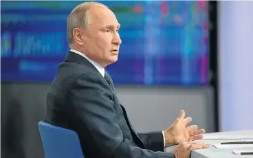  ?? /AFP Photo ?? Talking to the people: Russian President Vladimir Putin holds his annual televised phone-in with the nation in Moscow on Thursday. He blamed the US for upsetting the strategic nuclear balance and warned that a Third World War could be the end of...