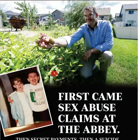  ?? T'XER ZHON KHA/USA TODAY NETWORK-WISCONSIN LINDSTROM COURTESY OF NATE ?? Above: Nate Lindstrom works on his garden in August 2019 at his house in Ramsey, Minnesota.
Above left: Nate Lindstrom with James Stein, a former priest at St. Norbert Abbey in De Pere.