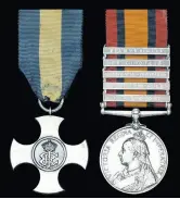  ??  ?? Midshipman Thomas Liveseywar­dle’s rare Conspicuou­s service Cross, above, to be sold with his Queen’s south Africa 1899-1902 medal with clasps for battles at Belmont, Modder river, Paardeberg, Driefontei­n and Diamond Hill. estimate £15,000£20,000