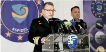  ?? AFP PHOTO ?? SEA SECURITY
Rear Adm. Vasileios Gryparis speaks during a news conference on Operation Aspides and on security in the Red Sea in the wake of Houthi attacks there, in the city of Larissa, central Greece on Tuesday, April 16, 2024.