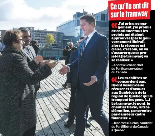  ?? PHOTO JEAN-FRANÇOIS DESGAGNÉS ?? Le chef du Parti conservate­ur du Canada, Andrew Scheer, était de passage à Québec, hier, pour la deuxième fois depuis le début de la campagne électorale. Accompagné d’une dizaine de candidats, il a rencontré la presse au Vieux-port.