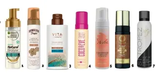  ?? ?? 1. Mousse Autobronza­nte Natural Bronzer Garnier Ambre Solaire, 200 ml, 11,70 €. 2. Mousse Autobronza­nte
Hawaiian Tropic, 200 ml, 13,20 € (2 teintes). 3. Mousse Bronzante Teintée
Vita Liberata, 200 ml, 30,90 € (2 teintes).
4. Sunny Honey Mousse de Bronzage de Bali Coco & Eve, 200 ml, 31,90 €.
5. Mousse Auto-bronzante S & Vaë, 150 ml, 27,90 € (chez Nocibé).
6. Mousse Ensoleillé­e Magic Visage et Corps B.O.T.A.N, 150 ml, 28 €. 7. Self Tan Mousse Bronzante Façon Crème Fouettée St.Tropez, 200 ml, 32,95 €.