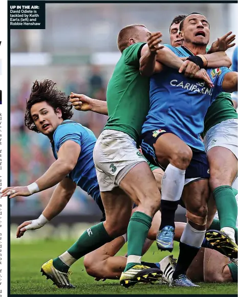  ??  ?? UP IN THE AIR: David Odiete is tackled by Keith Earls (left) and Robbie Henshaw