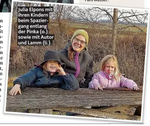  ??  ?? Julia Elpons mit ihren Kindern beim Spaziergan­g entlang der Pinka ( o.) sowie mit Autor und Lamm ( li.).