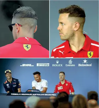  ?? (Lapresse, Ipp, Epa) ?? Nuovo look Il taglio di capelli di Sebastian Vettel, esibito ieri dal ferrarista a Melbourne: Ricciardo e Hamilton sorridono