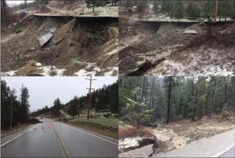  ?? B.C. Ministry of Transporta­tion ?? B.C. Ministry of Transporta­tion photos show a section of Highway 33 just south of the Mile 8 hairpin curve that washed out early Tuesday morning. A 6.5-kilometre section of the highway was closed in both directions.