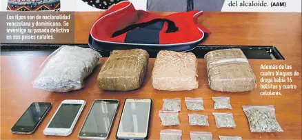  ??  ?? Los tipos son de nacionalid­ad venezolana y dominicana. Se investiga su pasado delictivo en sus países natales. Además de los cuatro bloques de droga había 16 bolsitas y cuatro celulares.