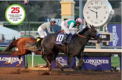  ?? AP ?? Mike Smith piloted Arrogate past the celebrated field in a dramatic stretch run, overtaking Chrome over the last 50 yards in front of a packed grandstand to win America’s richest race at Santa Anita Park in Arcadia on Saturday. —