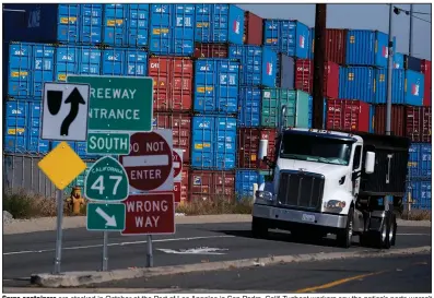  ?? (AP/Ringo H.W. Chiu) ?? Cargo containers are stacked in October at the Port of Los Angeles in San Pedro, Calif. Tugboat workers say the nation’s ports weren’t prepared for the surge of freight that came when the economy rebounded from a coronaviru­s-induced recession.