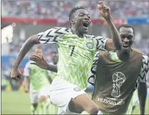  ?? DARKO VOJINOVIC — THE ASSOCIATED PRESS ?? Nigeria’s Ahmed Musa celebrates his second goal during the Group D match between Nigeria and Iceland in Volgograd, Russia.