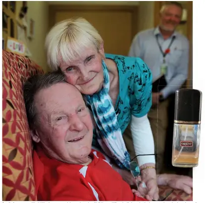  ?? PHOTO: CHRISTINE O’CONNOR ?? Smell of success . . . World War 2 veteran and dementia patient Neil Harper (97) and wife Laurel, who he remembers thanks to her perfume, watched by RSA support adviser Niall Shepherd, who found new bottles of the scent when it stopped being sold.