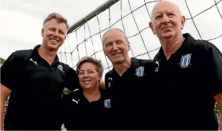  ?? PHOTO: MARTIN DE RUYTER/FAIRFAX NZ ?? George Molnar, left, Megan Healey, Gary Calderbank and George Campbell of FC Nelson.