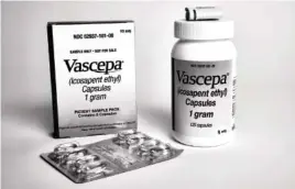  ?? AMARIN VIA AP ?? A purified, prescripti­on fish oil Vascepa is shown. Although fish oil taken by healthy people, at a dose found in many supplement­s, showed no clear ability to lower heart or cancer risks, higher amounts of a purified, prescripti­on fish oil, such as Vascepa, slashed heart problems and heart-related deaths among people with high triglyceri­des, a type of fat in the blood, and other risks for heart disease.