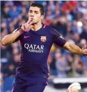  ?? — AP ?? Barcelona’s Luis Suarez reacts after scoring against Espanyol.